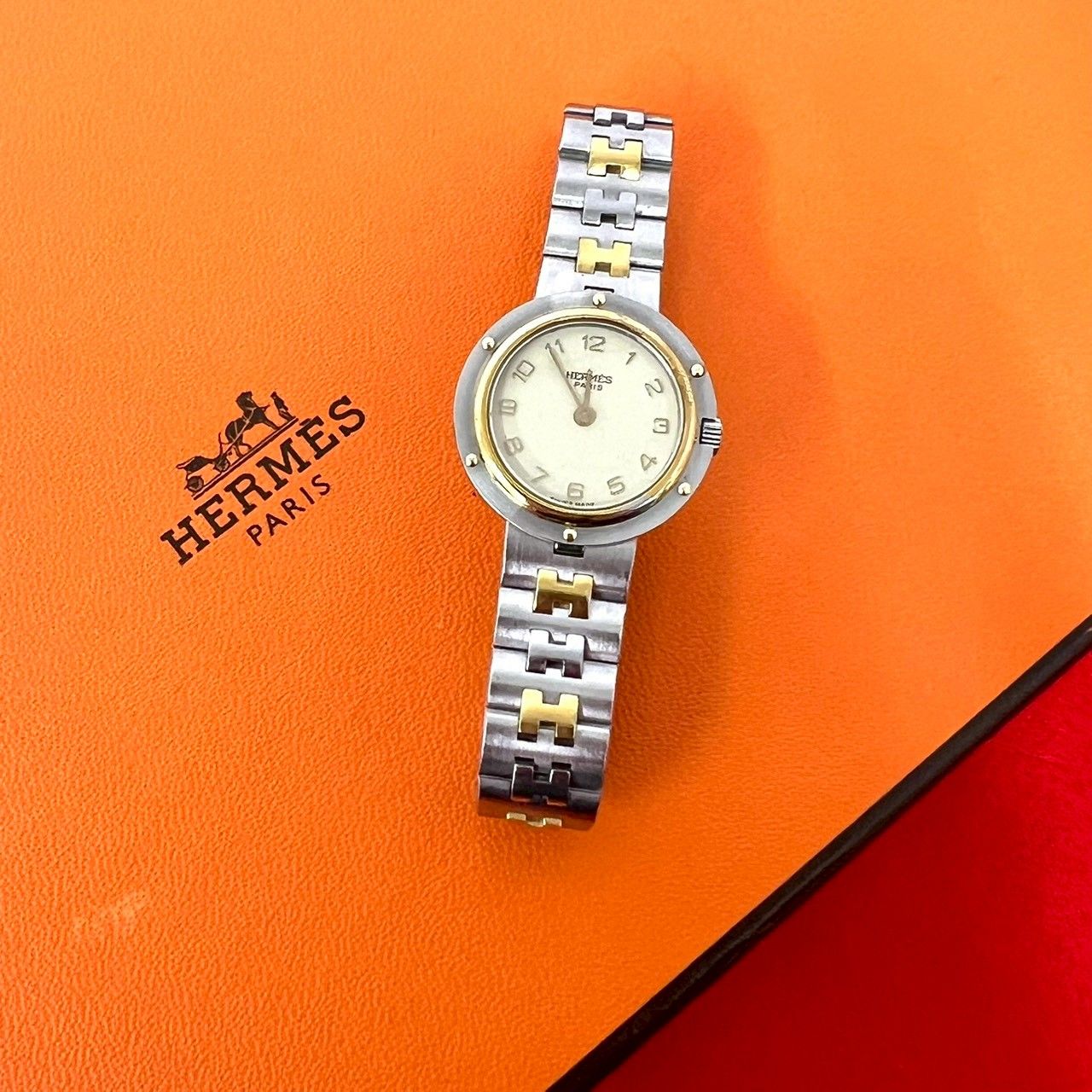 Hermes Vintage Clipper Stainless Steel Quartz Watch Silver Gold