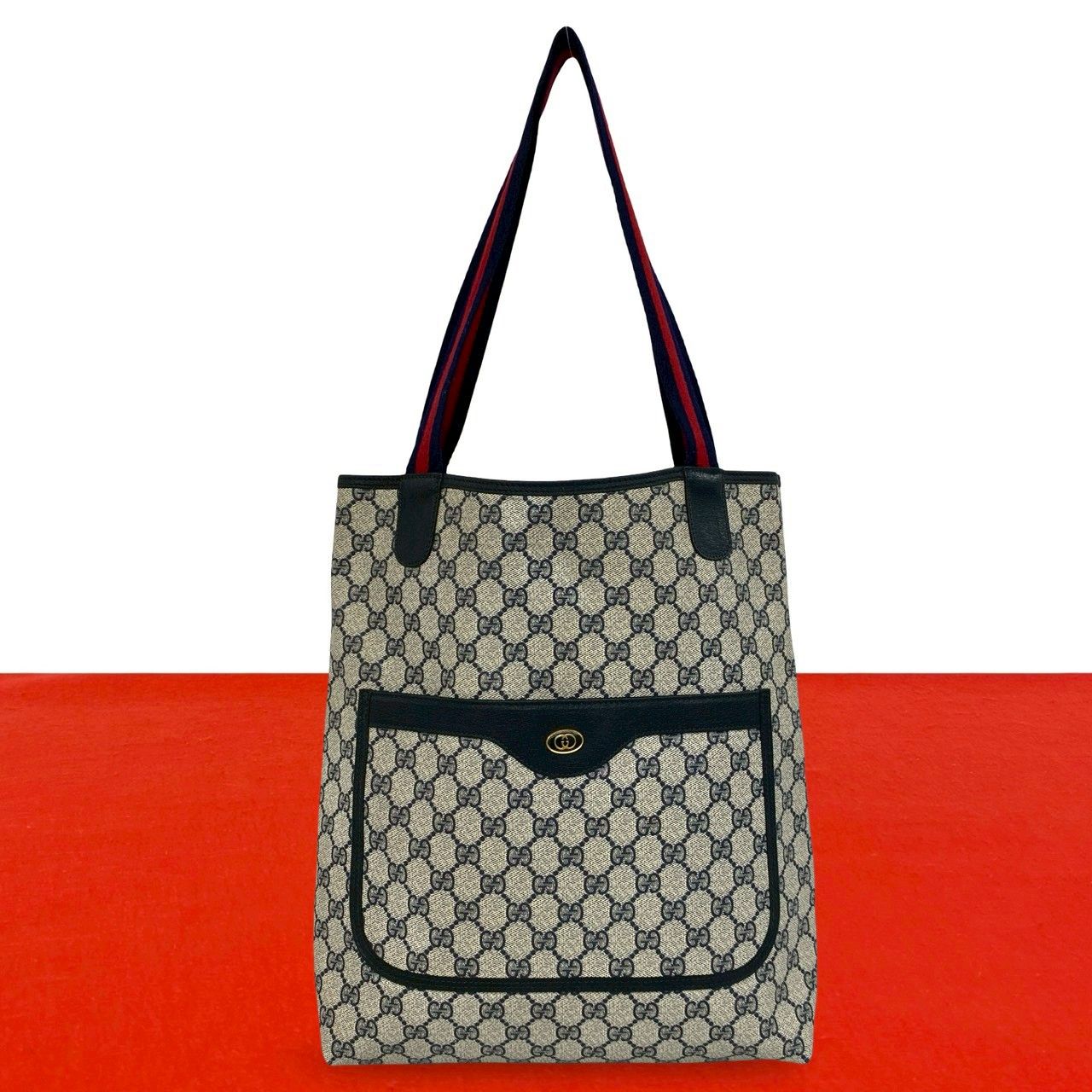 Gucci Vintage Sherry Line GG Logo Leather Tote Shoulder Bag Navy