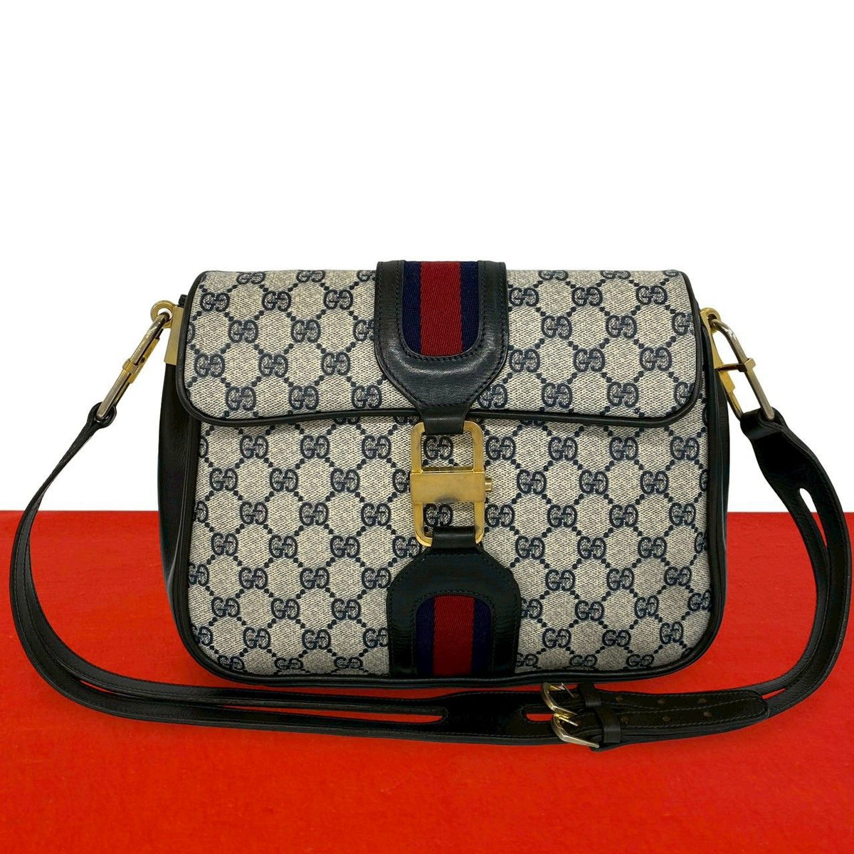 Gucci Vintage Sherry Line GG Logo Pattern Leather Shoulder Bag Pochette Navy