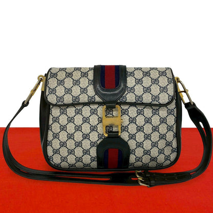 Gucci Vintage Sherry Line GG Logo Pattern Leather Shoulder Bag Pochette Navy