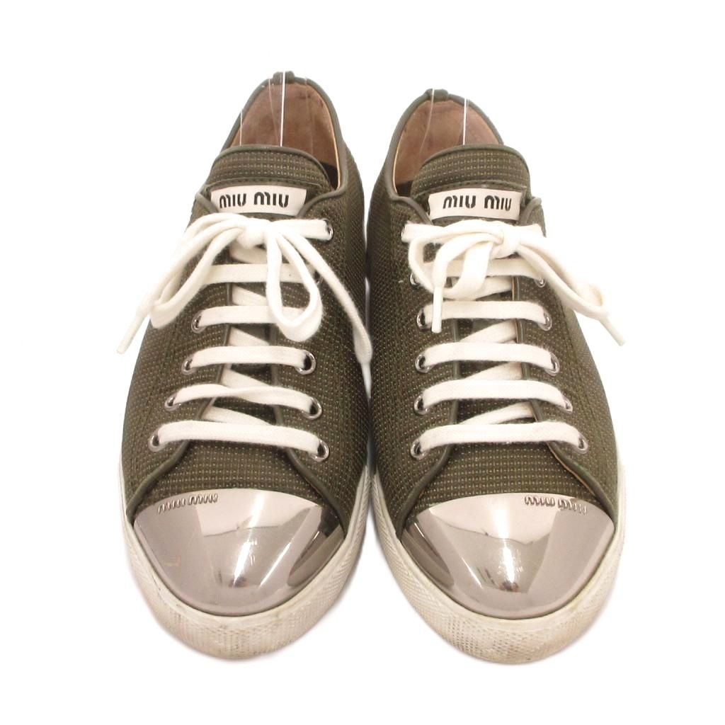 Miu Miu Sneakers Low-Cut Metal Toe Canvas Khaki 36.5 — view 2