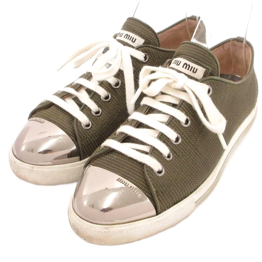 Miu Miu Sneakers Low-Cut Metal Toe Canvas Khaki 36.5