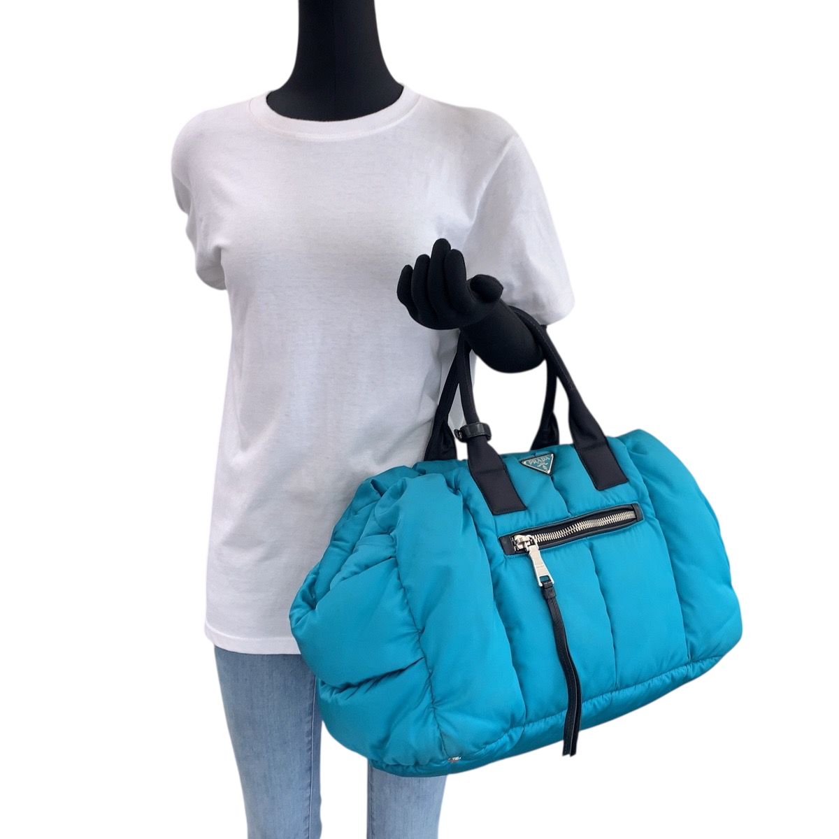 Prada Tessuto Bomber Turquoise Black Nylon Shoulder Bag Tote 2-Way — view 7