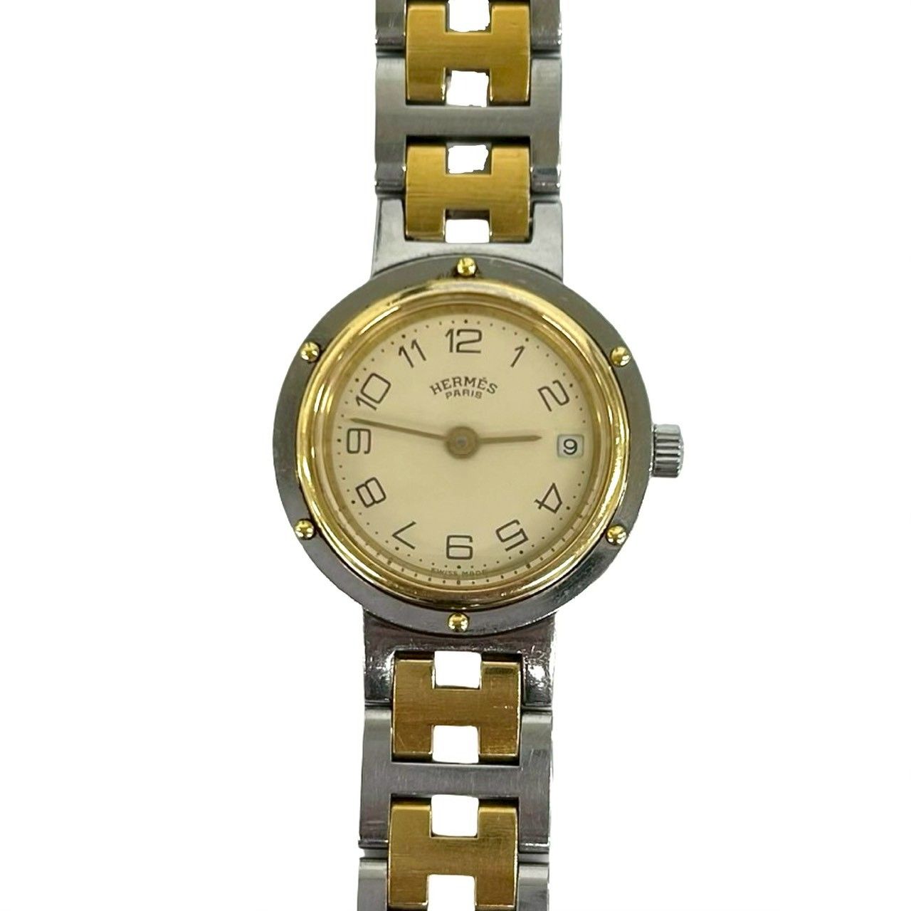 Hermes Vintage Clipper Stainless Steel Quartz Watch Wrist Silver Gold — view 3