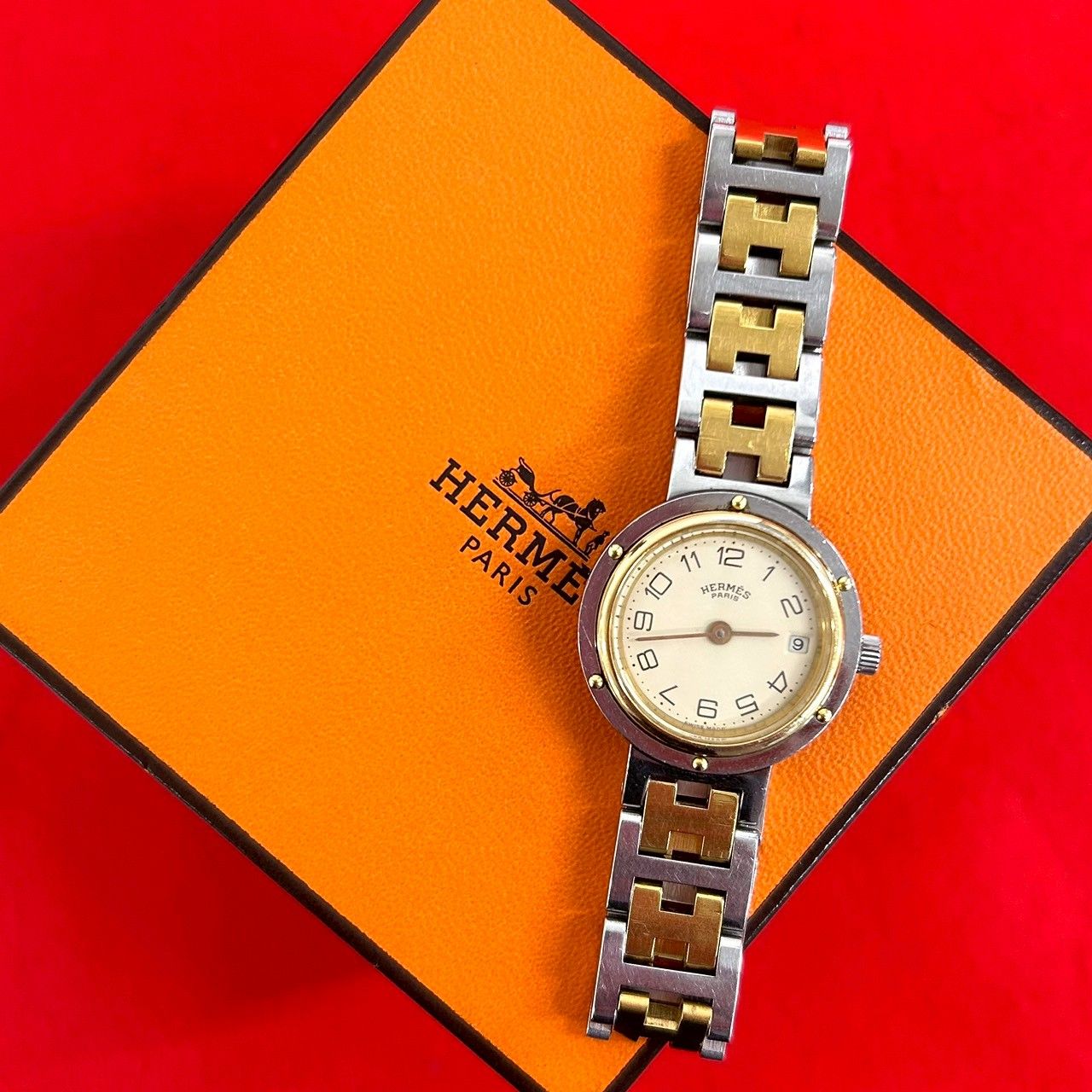 Hermes Vintage Clipper Stainless Steel Quartz Watch Wrist Silver Gold