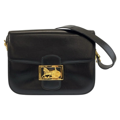 Celine Vintage Carriage Black Gold Leather Shoulder Bag