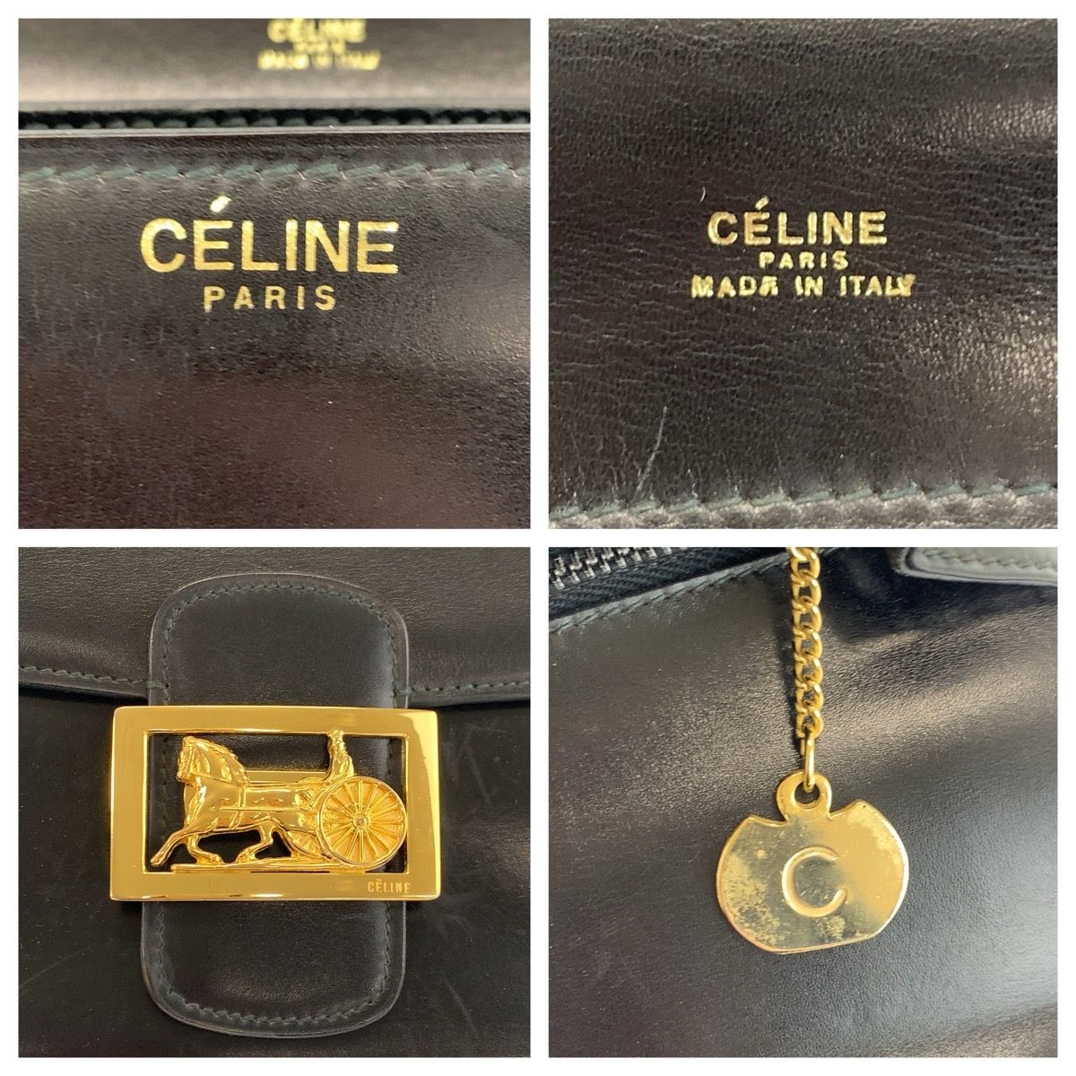 Celine Vintage Carriage Black Gold Leather Shoulder Bag — view 3