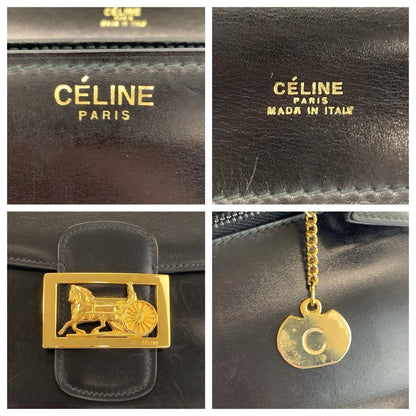 Celine Vintage Carriage Black Gold Leather Shoulder Bag — view 3