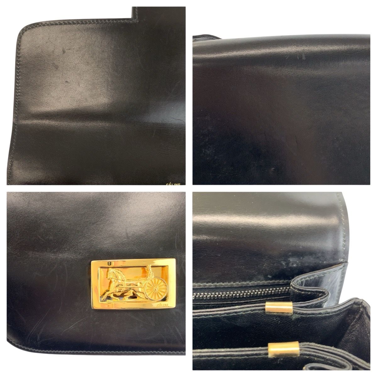 Celine Vintage Carriage Black Gold Leather Shoulder Bag — view 5