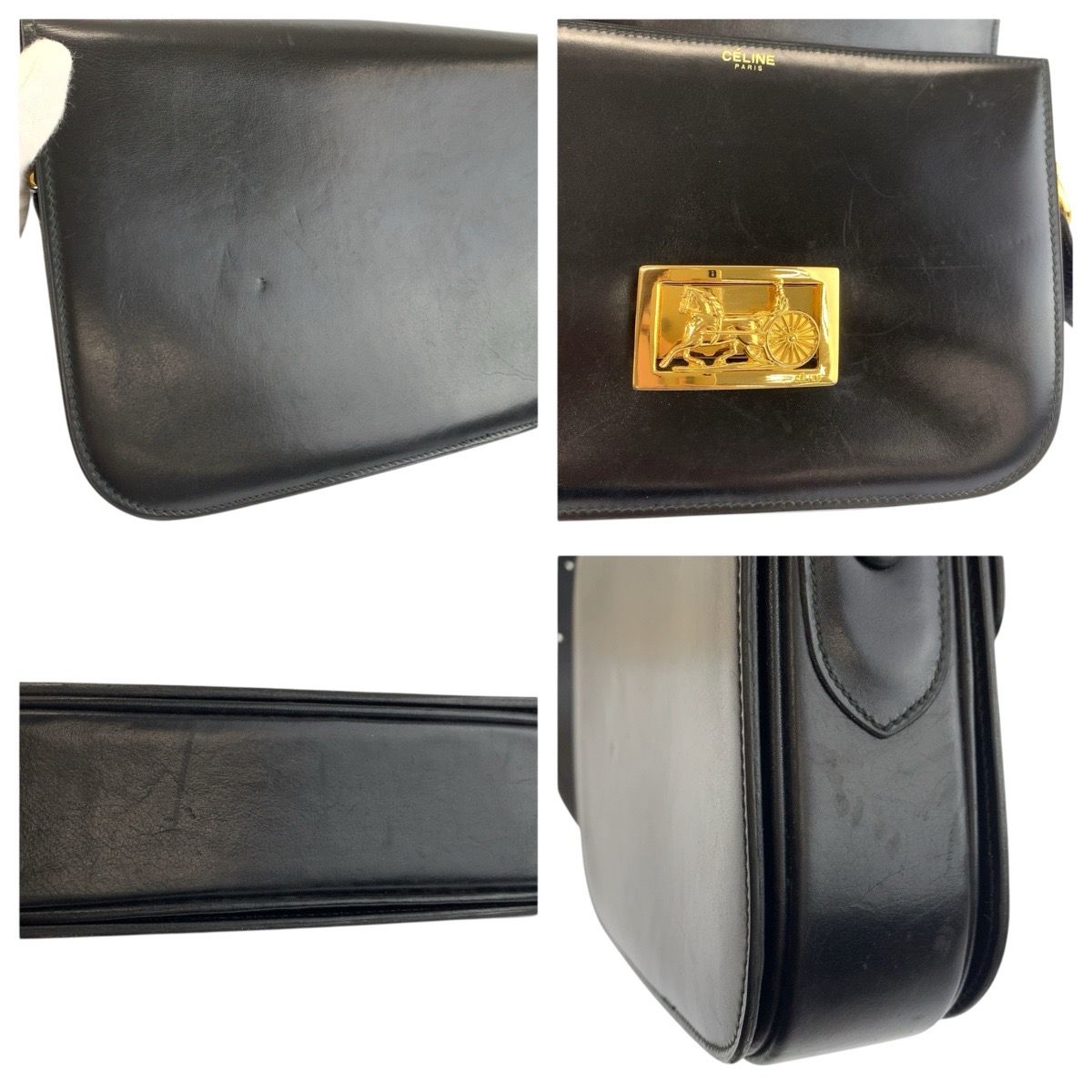 Celine Vintage Carriage Black Gold Leather Shoulder Bag — view 6