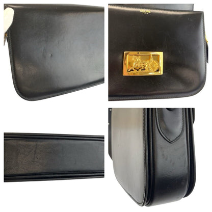 Celine Vintage Carriage Black Gold Leather Shoulder Bag — view 6
