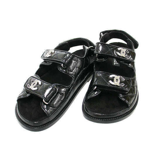 Chanel CC Logo Rhinestone Footbed Sandals Black