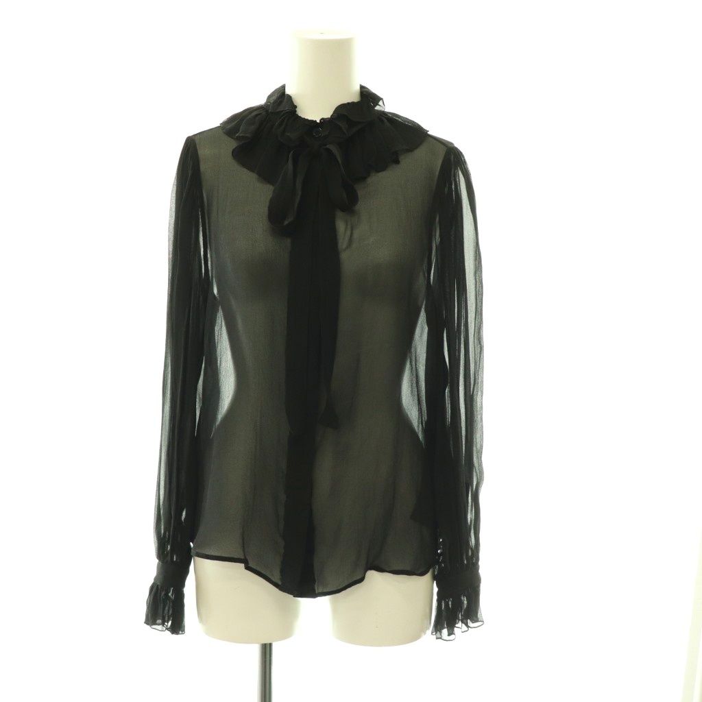 Saint Laurent Paris Bowtie Ruffle Sheer Silk Blouse Fly Button 36 Black