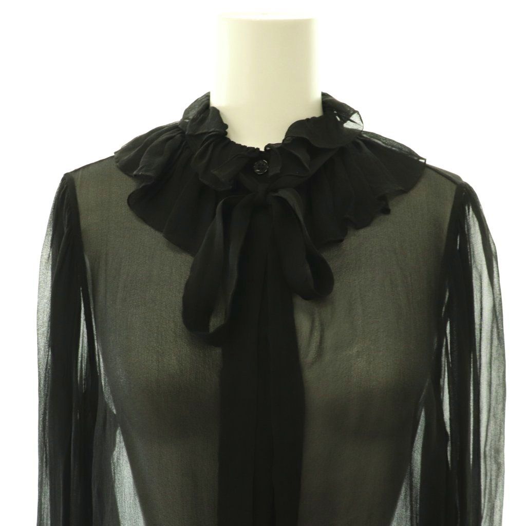 Saint Laurent Paris Bowtie Ruffle Sheer Silk Blouse Fly Button 36 Black — view 4
