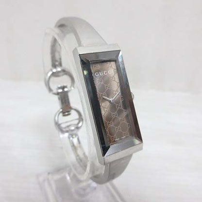 Gucci 127.5 GG Pattern Square Watch Quartz Bangle Silver Color Brown Dial