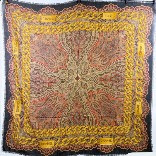 Chanel Chain Paisley Pattern Large Shawl 48% Cashmere 52% Silk Black Gold