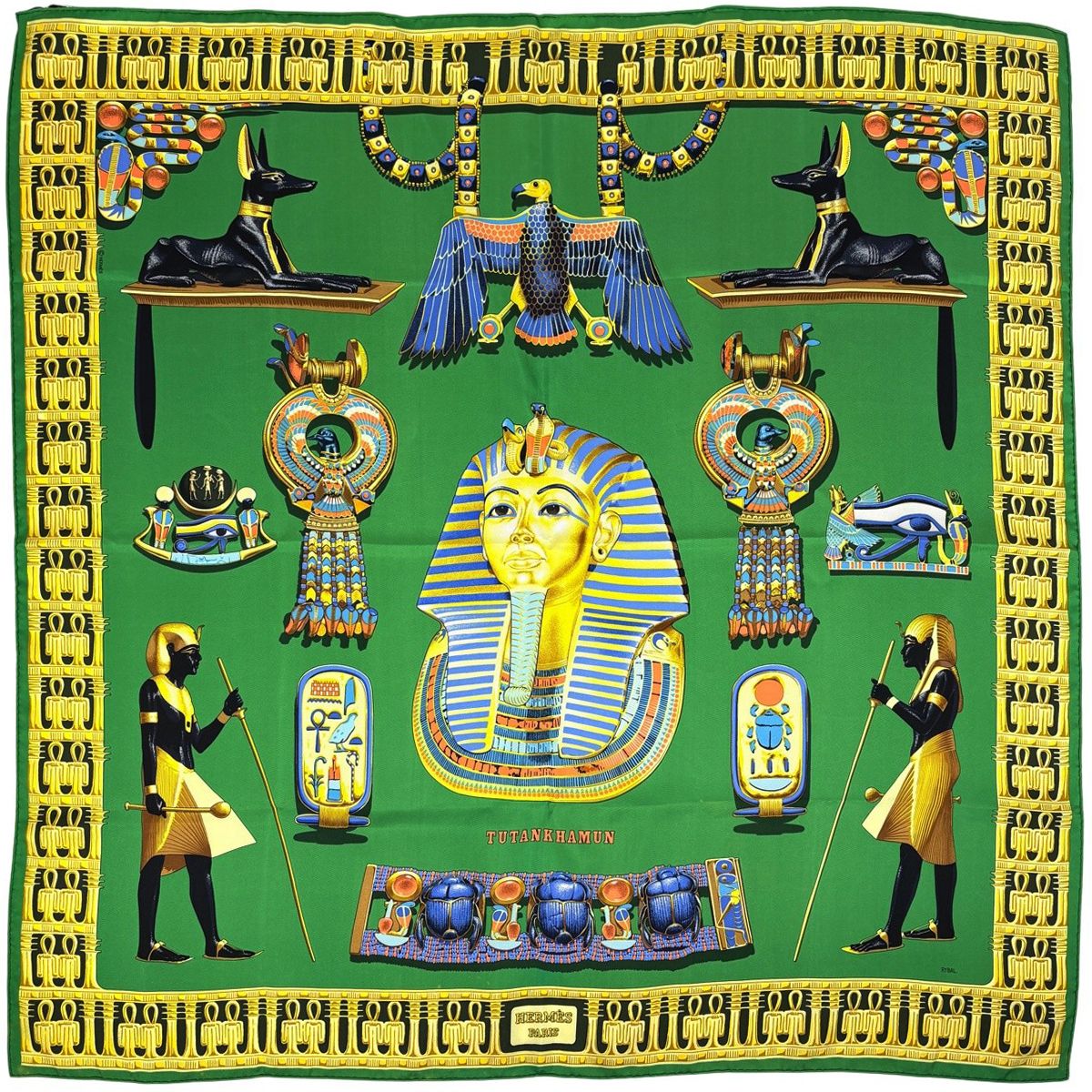 Hermes Carre 90 Tutankhamun Egypt Scarf Silk Green Multicolor