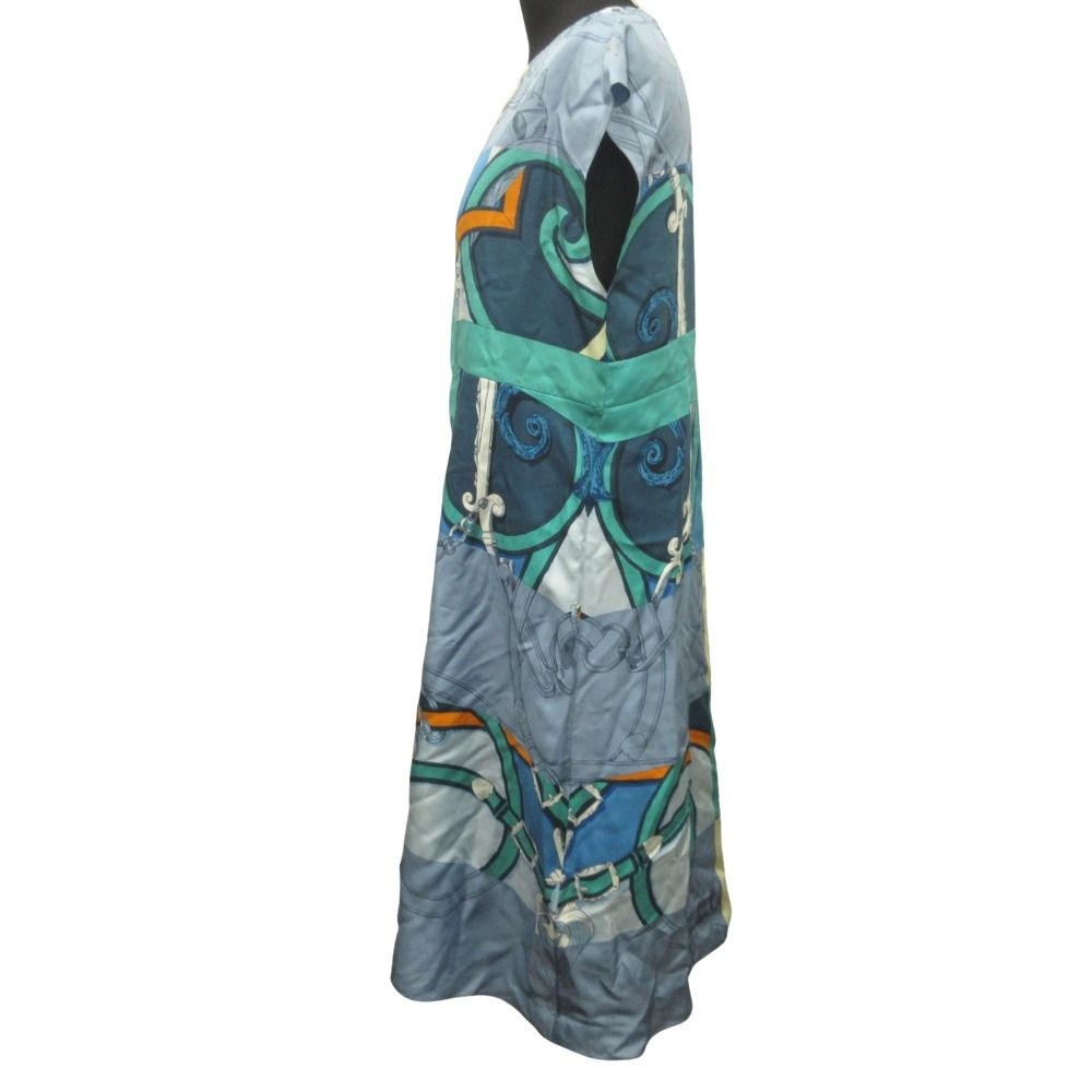 Hermes Silk Dress Top Sleeveless Horse Gear Motif 34 Blue — view 3