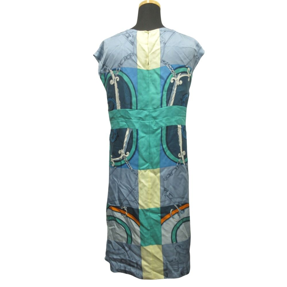 Hermes Silk Dress Top Sleeveless Horse Gear Motif 34 Blue — view 2