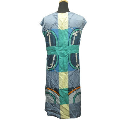Hermes Silk Dress Top Sleeveless Horse Gear Motif 34 Blue — view 2
