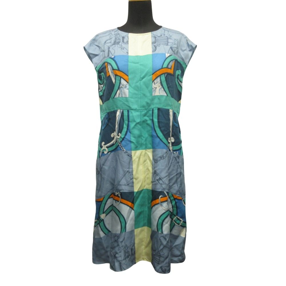 Hermes Silk Dress Top Sleeveless Horse Gear Motif 34 Blue