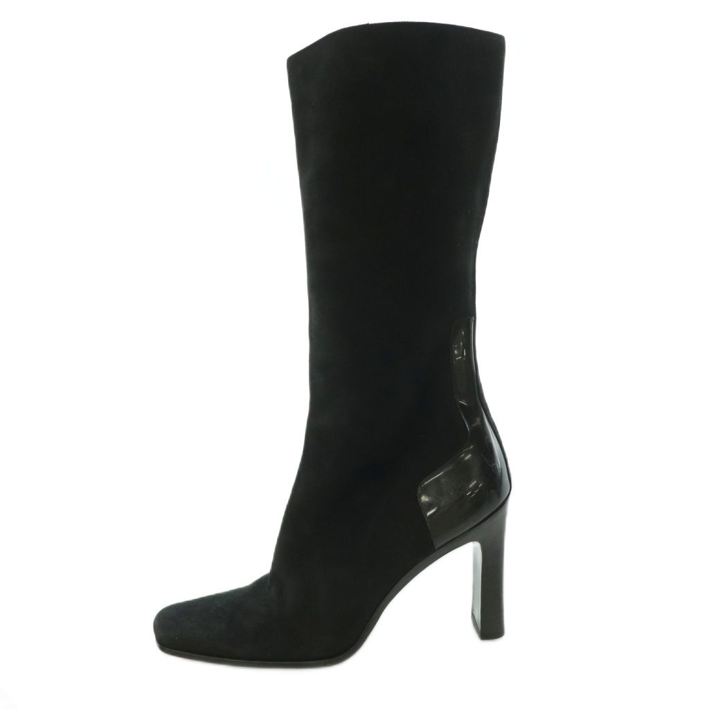 Gucci Long Boots Square Toe Chunky Heel Suede Contrast One Color Black BB 36.5