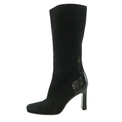 Gucci Long Boots Square Toe Chunky Heel Suede Contrast One Color Black BB 36.5