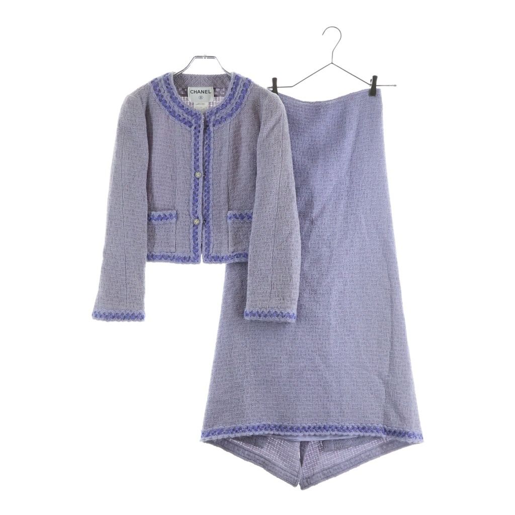 Chanel Vintage Lavender CC Logo Button Tweed Set Jacket Ribbon Motif Flong