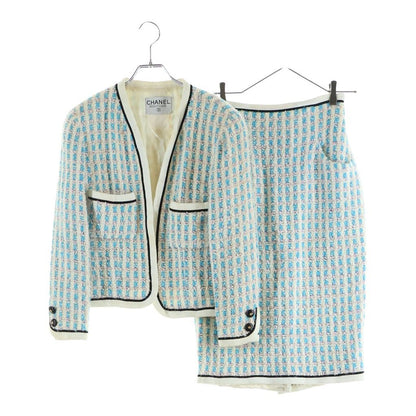Chanel Vintage Tweed CC Logo Button Jacket & Skirt Set Blue Pink White