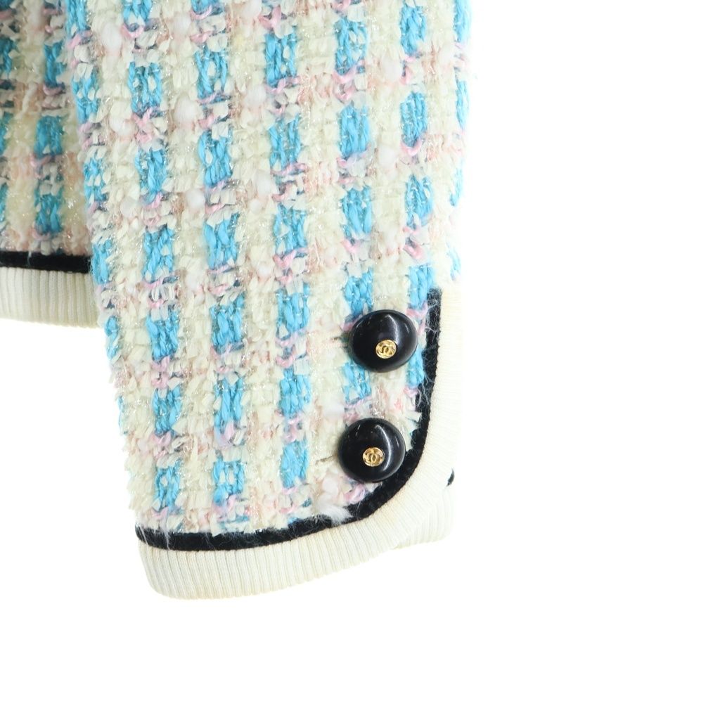 Chanel Vintage Tweed CC Logo Button Jacket & Skirt Set Blue Pink White — view 7