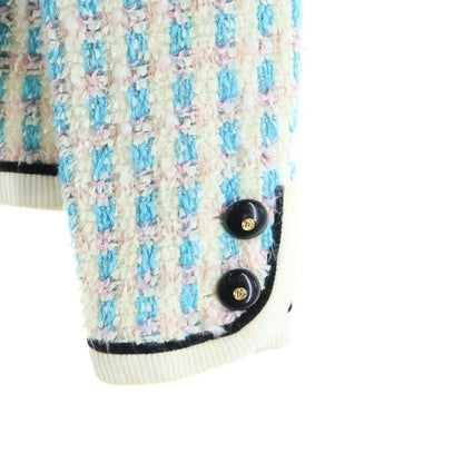 Chanel Vintage Tweed CC Logo Button Jacket & Skirt Set Blue Pink White — view 7