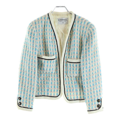 Chanel Vintage Tweed CC Logo Button Jacket & Skirt Set Blue Pink White — view 2