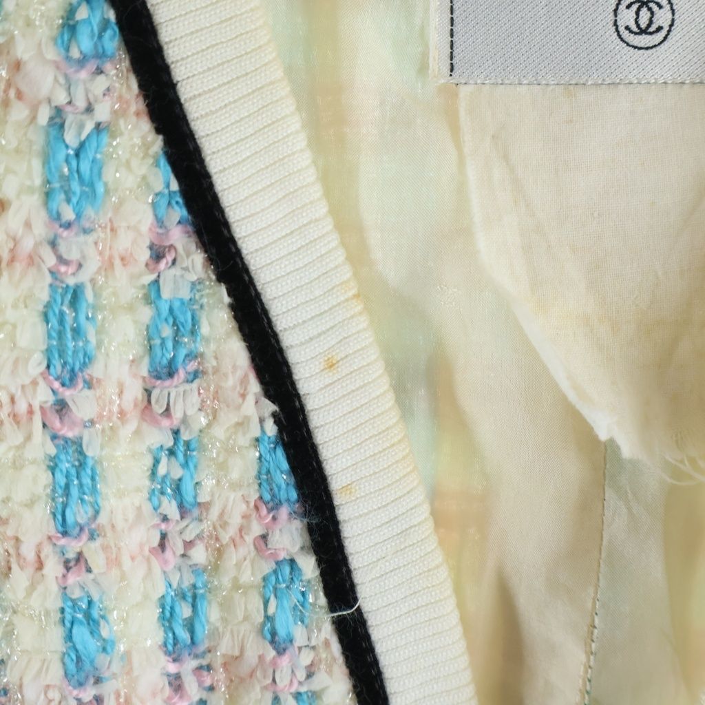 Chanel Vintage Tweed CC Logo Button Jacket & Skirt Set Blue Pink White — view 6