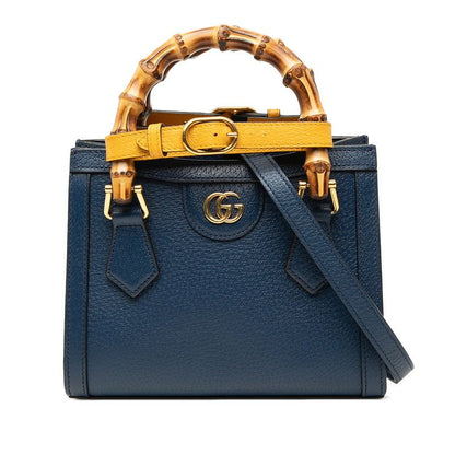 Gucci Bamboo Diana Mini Tote 2-Way Shoulder Bag Blue Yellow Leather