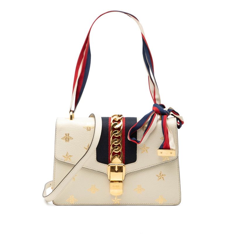 Gucci Sylvie Bi-&Star Sherry Line Shoulder Bag Ivory Gold Leather