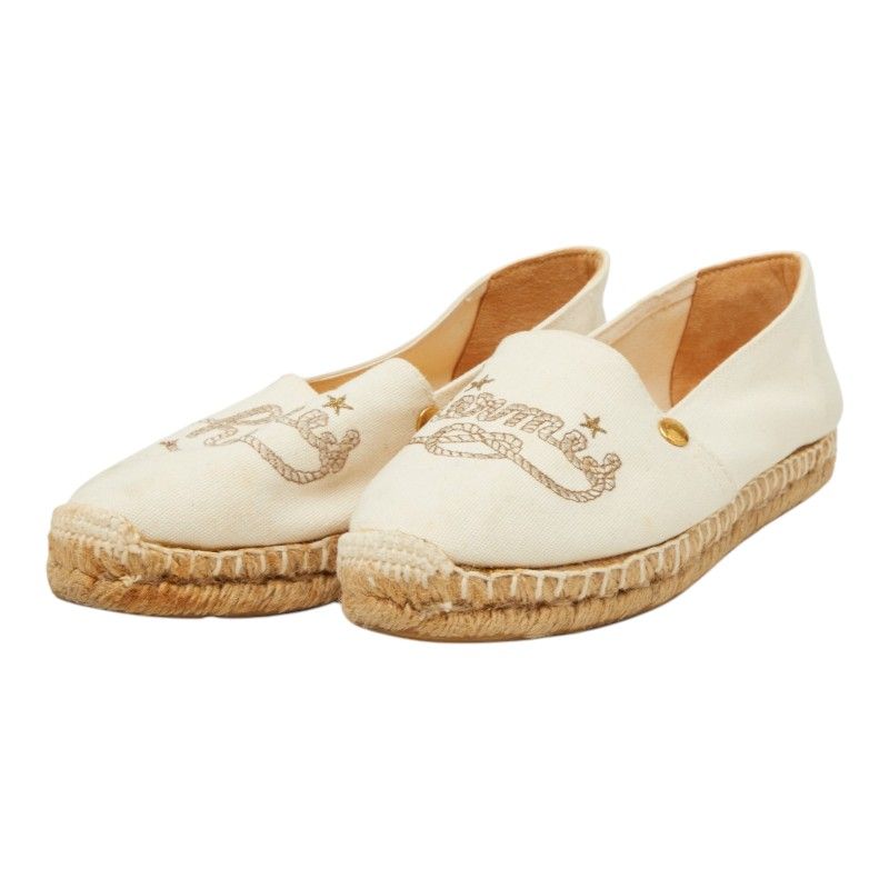Hermes Logo Espadrilles Slip On Flat Ivory Canvas 37
