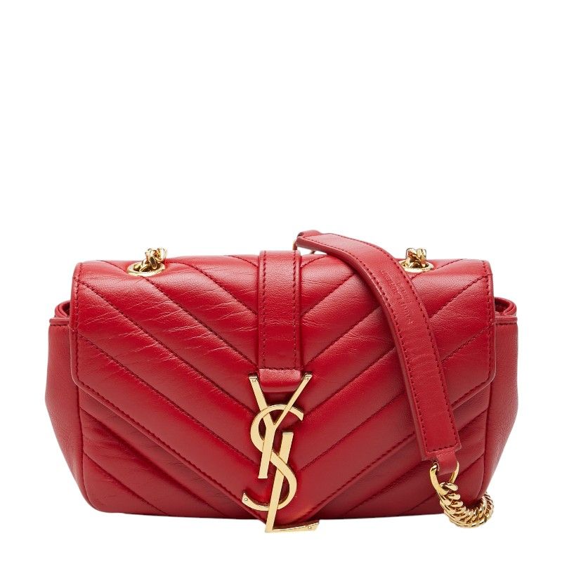 Saint Laurent YSL Logo Baby Chai Crossbody Chain Shoulder Bag Red Gold Leather