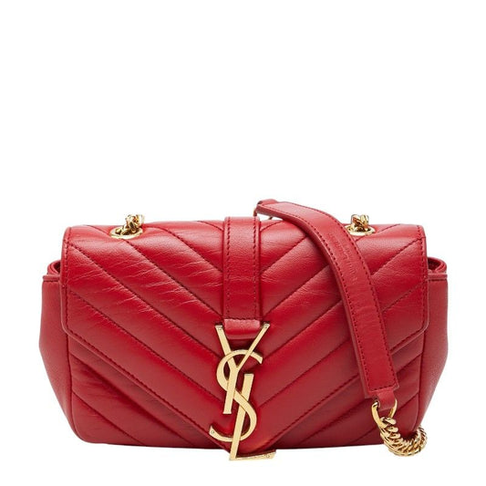 Saint Laurent YSL Logo Baby Chai Crossbody Chain Shoulder Bag Red Gold Leather