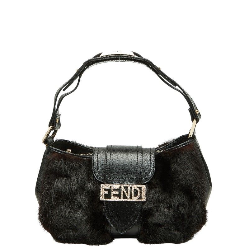 Fendi Mamma Baguette Logo Shoulder Bag Black Brown Leather