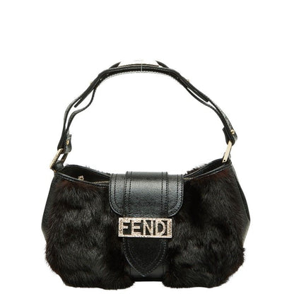 Fendi Mamma Baguette Logo Shoulder Bag Black Brown Leather