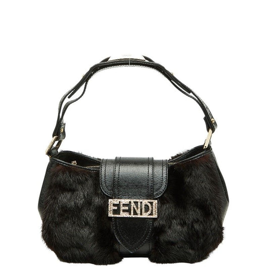 Fendi Mamma Baguette Logo Shoulder Bag Black Brown Leather