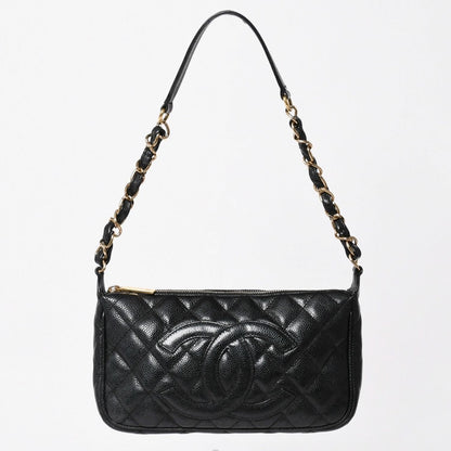 Chanel Chain Shoulder Bag Quilted Caviar Leather CC Logo Black Pouch