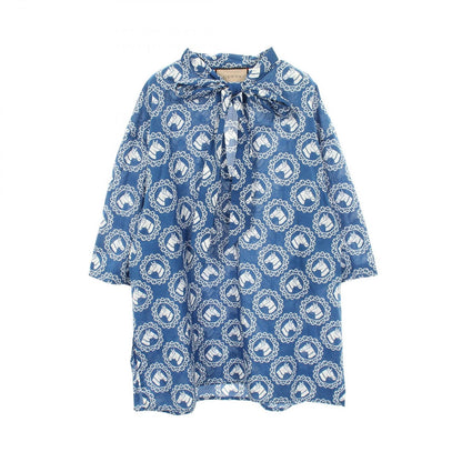 Gucci Blouse Cotton Muslin Hose Print Bow Tie Shirt Blue
