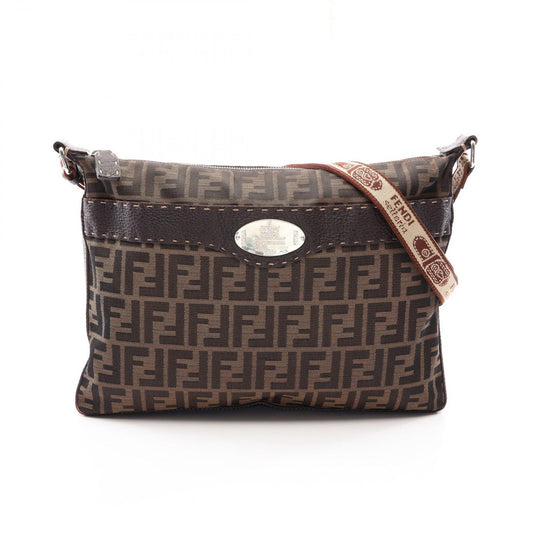 Fendi Shoulder Bag Selleria Zucca Brown Dark Canvas Leather