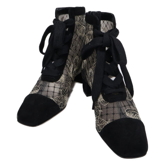 Dior Naughtily-D Suede Embroidered Mesh Butterfly Lace Up Heels Short Boots