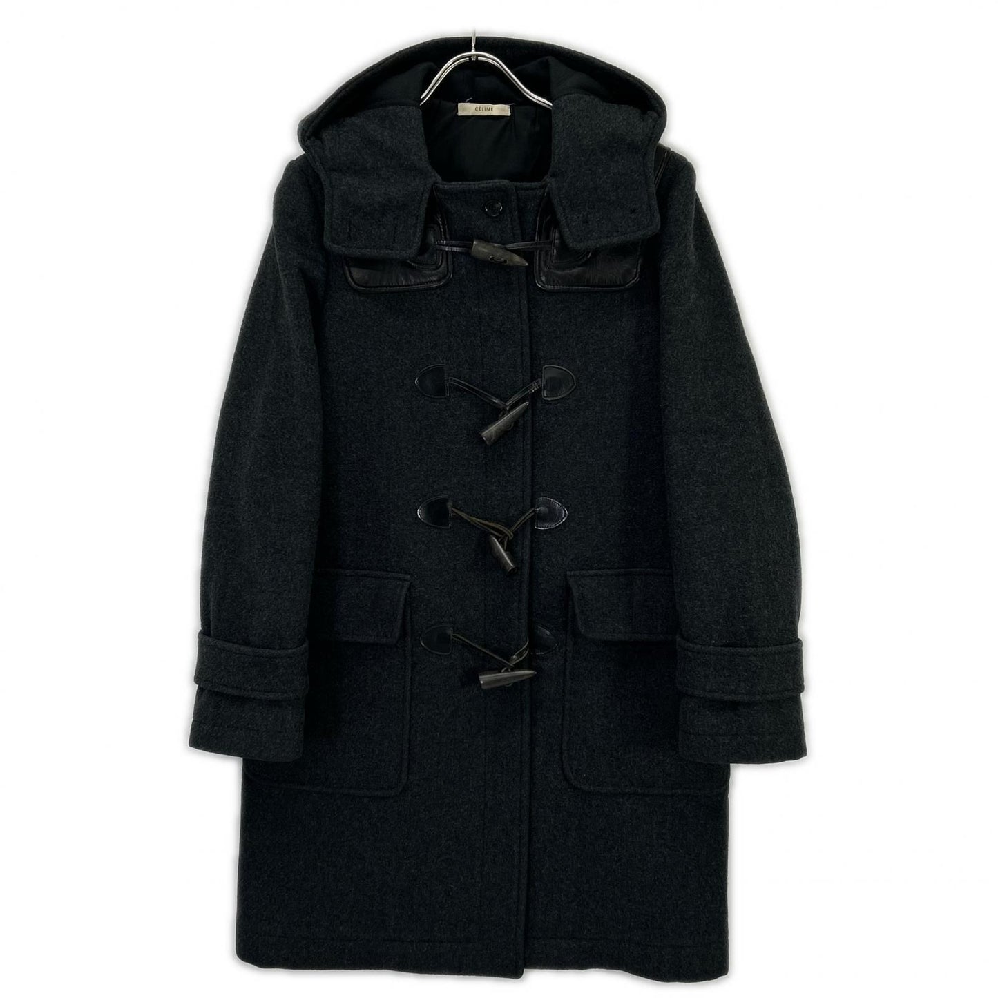 Celine Phoebe Philo Era Charcoal Gray Wool Lambskin Hooded Duffle Coat 34
