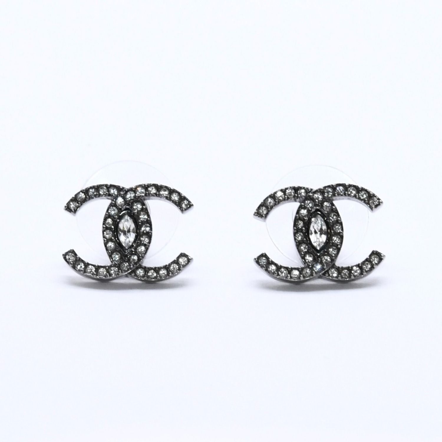 Chanel CC Logo Earrings 21 Rhinestone Metal Gunmetal Clear