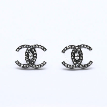 Chanel CC Logo Earrings 21 Rhinestone Metal Gunmetal Clear
