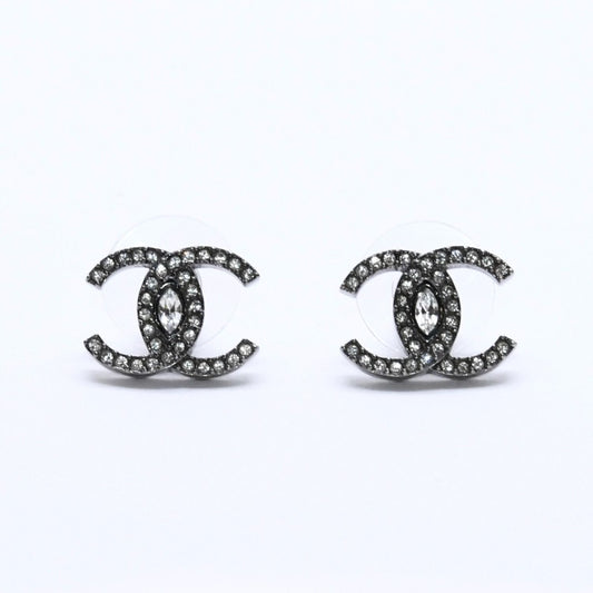 Chanel CC Logo Earrings 21 Rhinestone Metal Gunmetal Clear