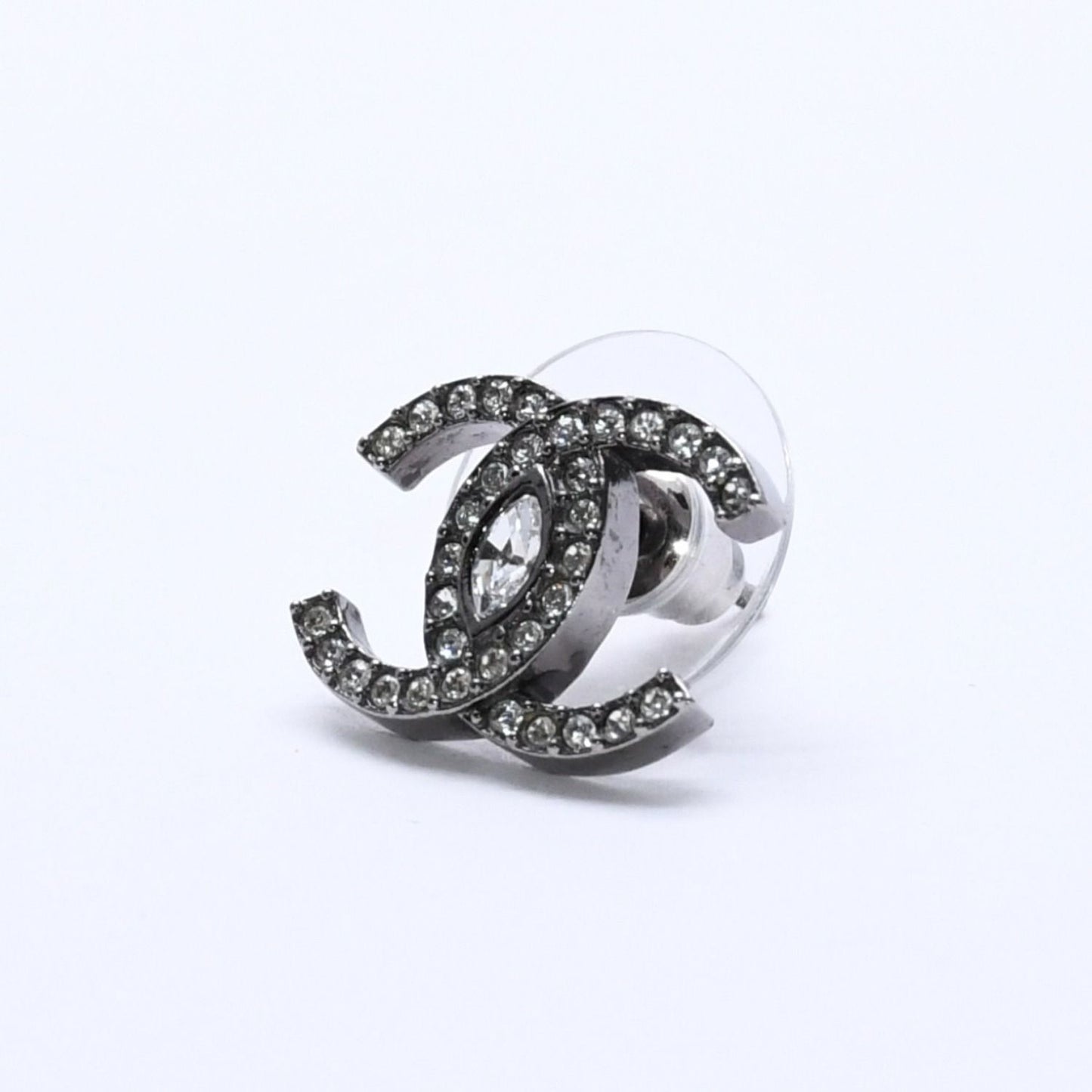 Chanel CC Logo Earrings 21 Rhinestone Metal Gunmetal Clear — view 2